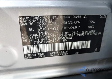 2022 Toyota Rav4 Hybrid Le из США, поврежденный, VIN 2T3LWRFV6NW136672